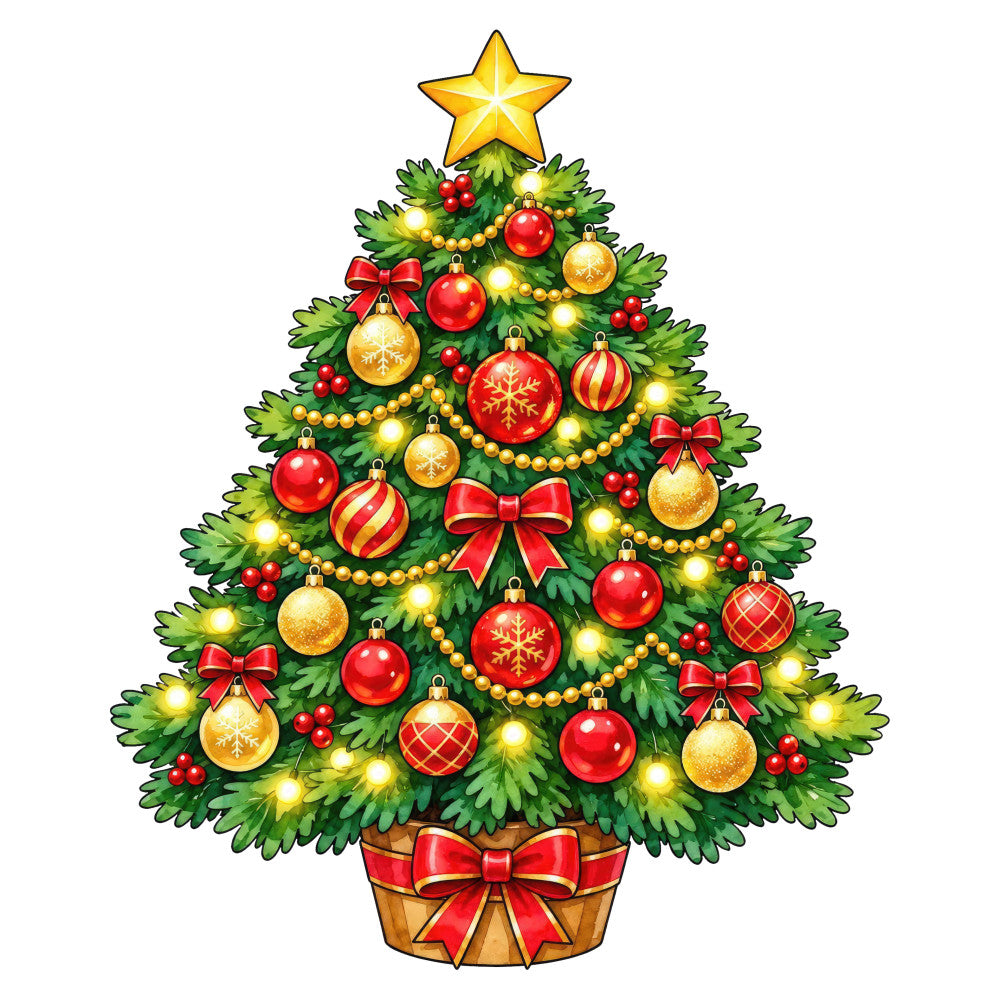christmas tree, holiday, festive, gold ornaments, red ornaments, baubles, star topper, golden lights, christmas lights, red bows, ribbons, evergreen, tree pot, traditional, whimsical, elegant, gold beads, red and gold, forest green, warm white lights, decorative, seasonal, christmas themed, winter holiday, festive decoration, metallic accents, snowflake ornaments, plaid ornaments, red gold green, christmas panel