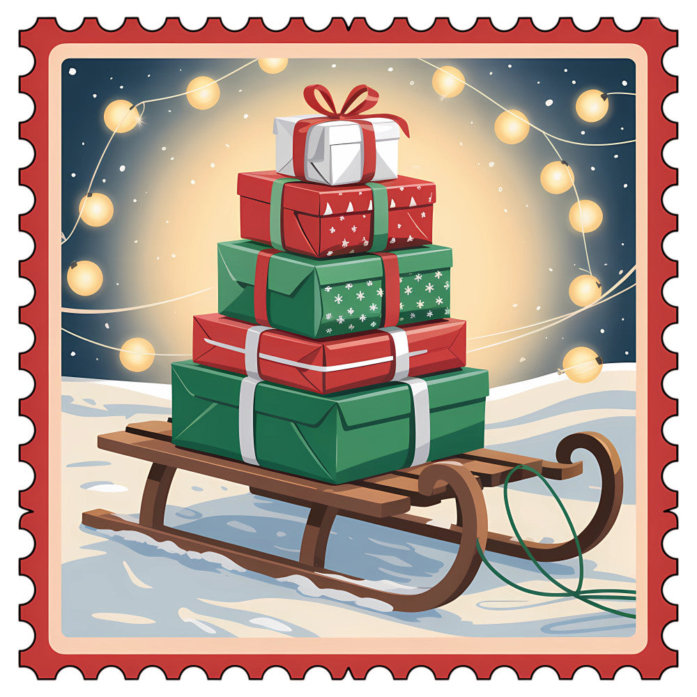 Vintage Christmas Stamps Fabric Panel 3 featuring a sled with stacked wrapped gifts under glowing lights in a snowy night scene.