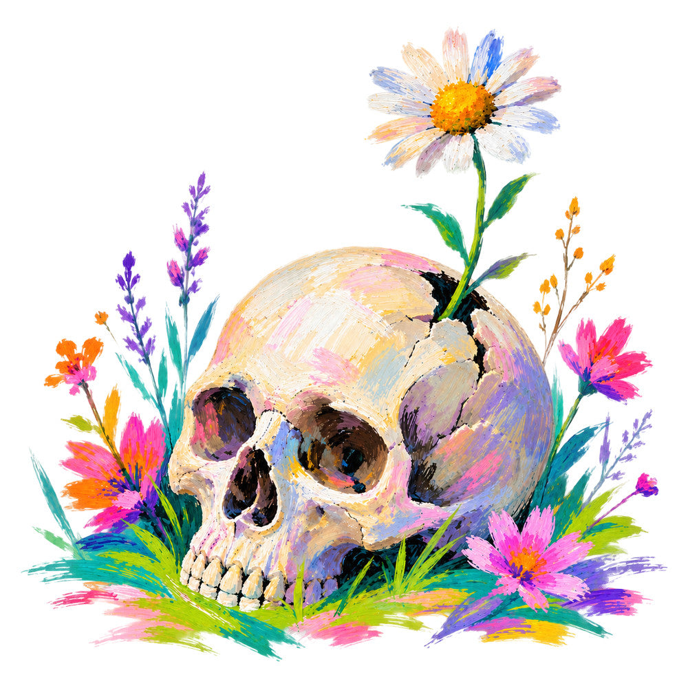 skull, colorful, floral, pastel, bright, vibrant, multicolor, bohemian, whimsical, nature, flowers, daisy, wildflowers, purple, pink, blue, yellow, orange, green, modern, artistic, watercolor, abstract, spring, summer, indie, alternative, goth, gothic, day of the dead