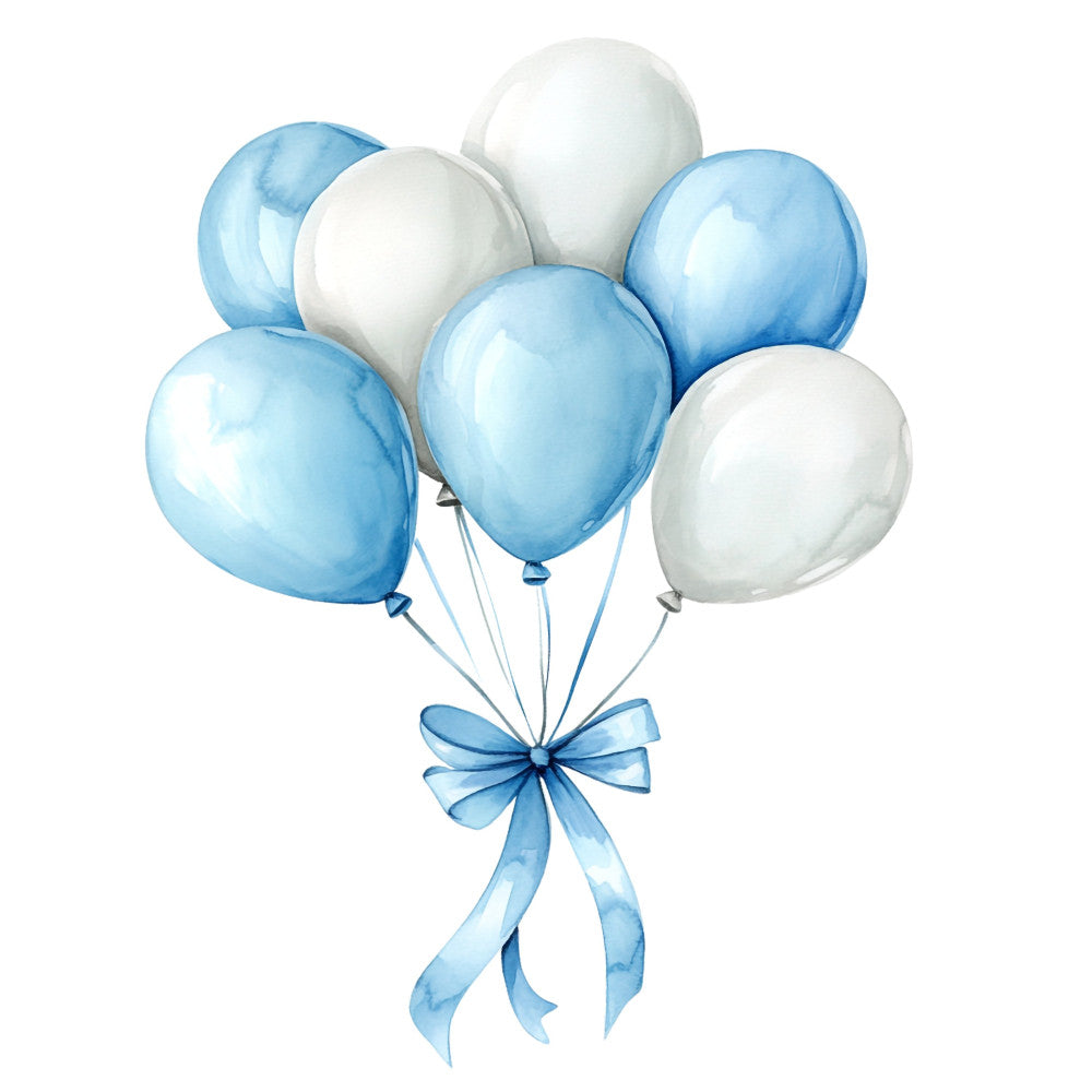 baby blue, white, light blue, sky blue, pale blue, soft blue, balloons, ribbon bow, celebration, baby shower, nursery, whimsical, modern, sweet, gentle, pastel, gender neutral, baby boy, new baby, shower gift, greeting card, children's, cute, playful, spring, soft colors, party theme, uplifting, cheerful