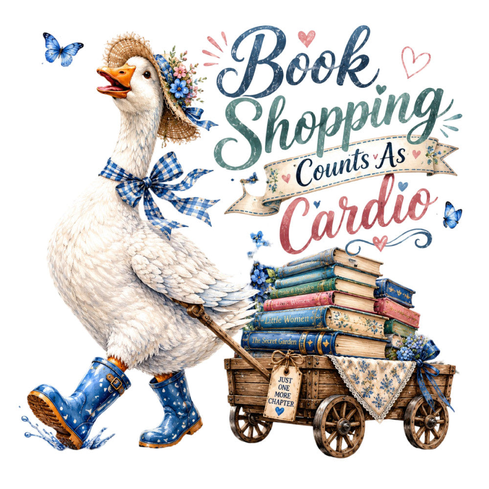 book shopping, cardio, goose, duck, blue and cream, navy blue, coral pink, dusty rose, floral, butterflies, hearts, books, vintage, whimsical, farmhouse, cottage core, literary, reading theme, storybook, plaid bow, gingham, boots, tea cart, wreath, decorative banner, spring, romantic, shabby chic, country, folk art