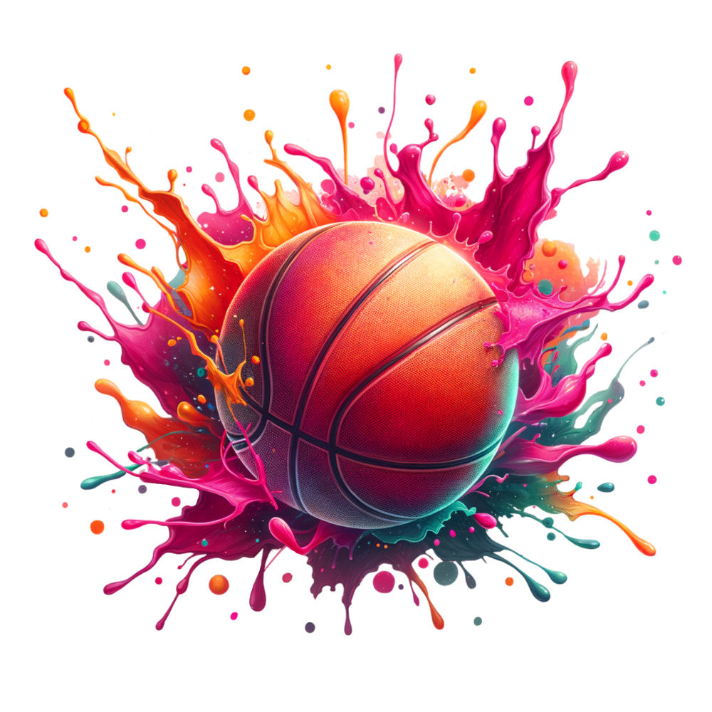basketball, watercolor, paint splash, orange, pink, magenta, teal, yellow, red, vibrant colors, sports theme, fabric panel, quilting cotton, athletic, dynamic movement, paint splatters, energetic, bright design, colorful bursts, craft fabric
