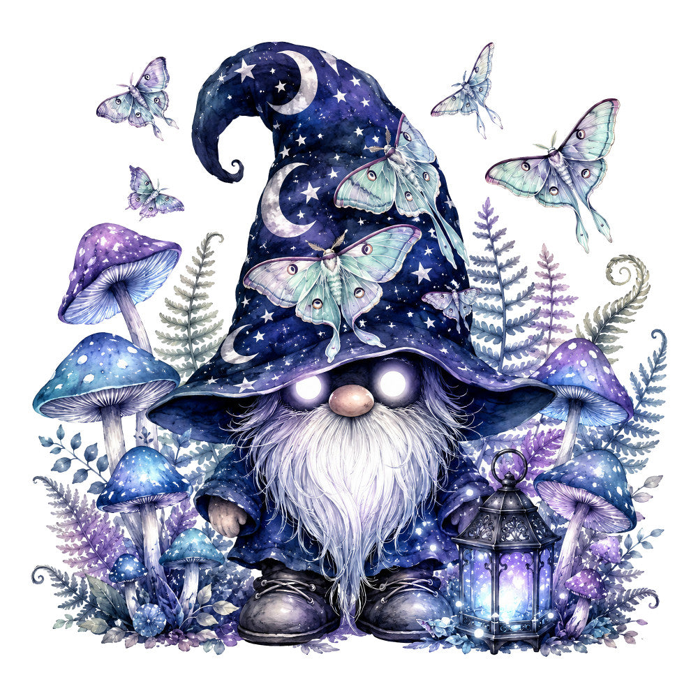 navy blue, purple, white, pale green, mint green, starry, celestial, moon, stars, gnome, wizard, magical, whimsical, fantasy, butterflies, moths, mushrooms, ferns, woodland, enchanted forest, mystical, night sky, lantern, nature, bohemian, fairy tale, storybook, magical creatures, cottage core