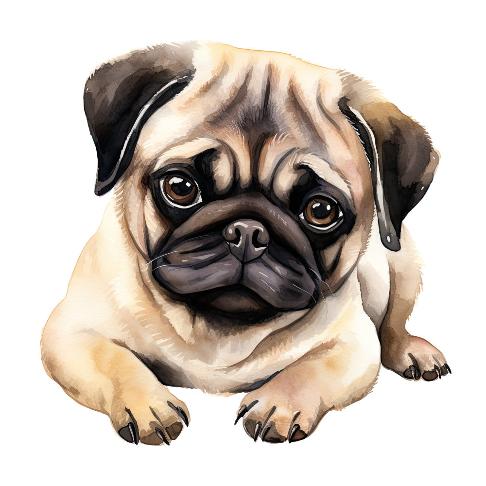 Watercolor Pug Fabric Panel 31 featuring a detailed watercolor illustration of a cute pug printed on premium quilting cotton.