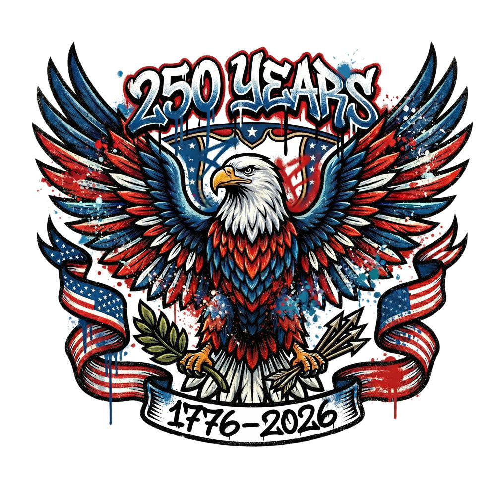 patriotic, red white blue, eagle, american flag, 250 years, bicentennial, 1776-2026, stars and stripes, liberty, independence day, fourth of july, wings, americana, grunge texture, distressed, bold, dramatic, large scale, statement print, commemorative, historical, national pride, bald eagle, olive branch, banner, splatter effect, vintage americana, traditional american