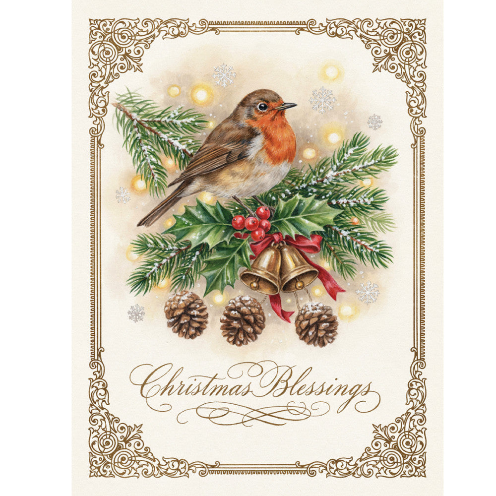 christmas, holiday, robin, bird, evergreen, pine branches, holly, berries, red berries, gold bells, pinecones, festive, traditional, vintage, elegant, ornate, nature, seasonal, winter, cream, brown, gold, red, green, decorative border, damask, classic, timeless, christmas blessings