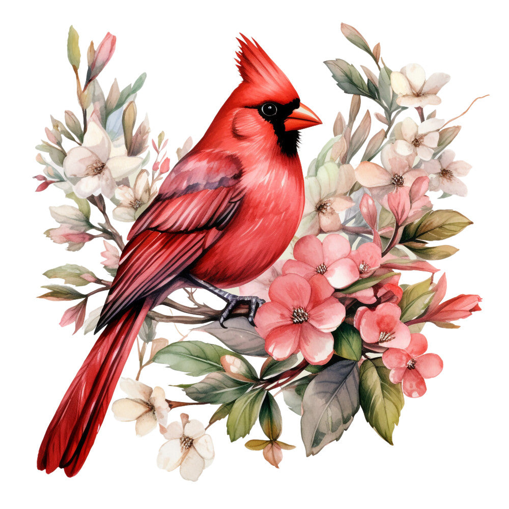 red cardinal, bird, watercolor style, floral design, pink flowers, white blossoms, green leaves, coral petals, botanical illustration, fabric panel, quilting cotton, spring theme, nature motif, soft pastels, delicate artwork, flowering branches, songbird, artistic rendering, craft fabric