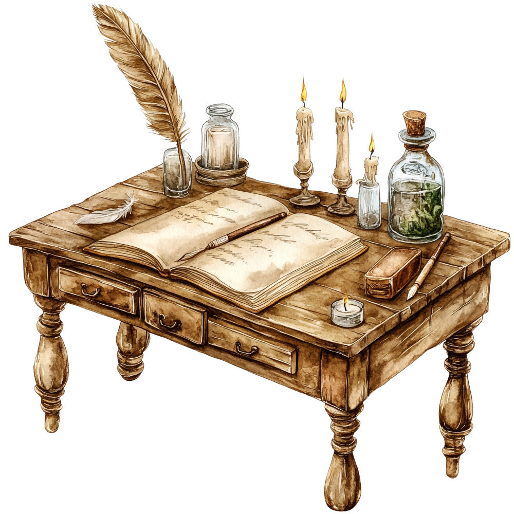 watercolor, witch desk, vintage writing, quill feather, candlelight, glass bottles, potion jars, antique table, brown tones, sepia colors, magical workspace, spell book, fabric panel, mystical scene, witch accessories, old world charm, earthy palette, fantasy illustration, witchcraft theme, apothecary bottles