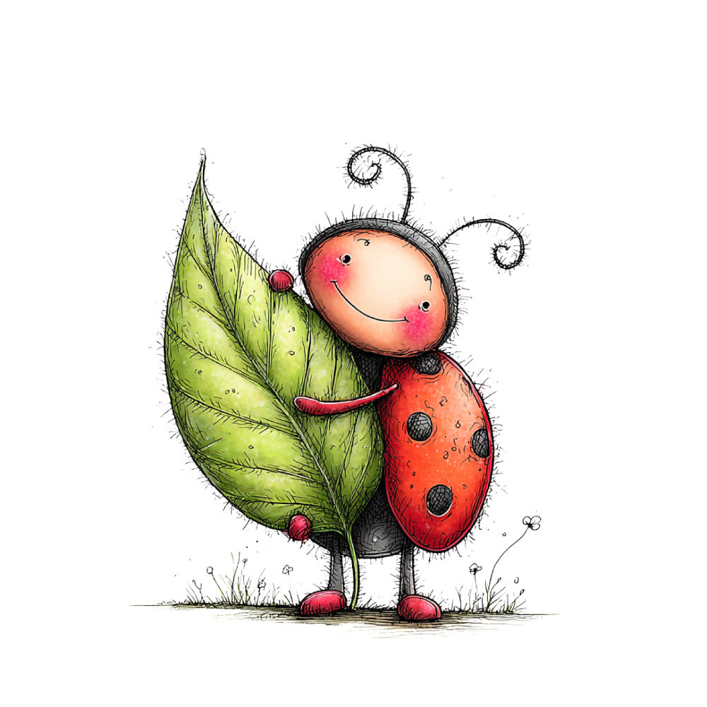 ladybug, whimsical, red, lime green, cream, children's, animals, insects, nature, spring, baby, cute, playful, illustration, storybook, folk art, charming, decorative, leaf, happy, smiling face, spots, dotted, vintage style, nursery, apparel, wall hanging, cheerful, botanical, hand-drawn