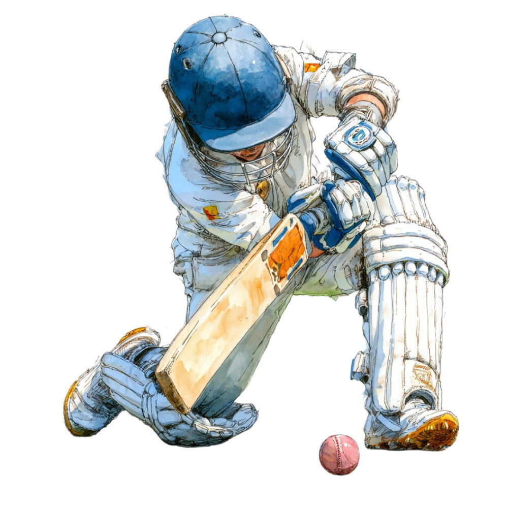 cricket, batsman, sports, blue, white, orange, cream, tan, beige, athletic, action, illustrated, watercolor, stylized, whimsical, playful, boy, men, casual, sporty, hobby, game, bat, ball, portrait, figure, realistic, detailed, vintage illustration, sports enthusiast