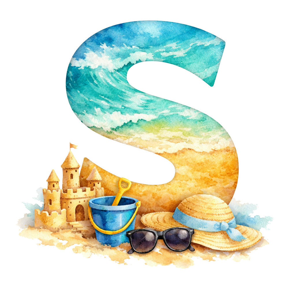 beach, ocean, seaside, nautical, summer, coastal, turquoise, aqua blue, sand, golden yellow, cream, sky blue, wave, sandcastle, bucket, sunglasses, straw hat, whimsical, children, playful, vacation, travel, tropical, watercolor, artistic, scenic landscape, kid-friendly, fun, cheerful