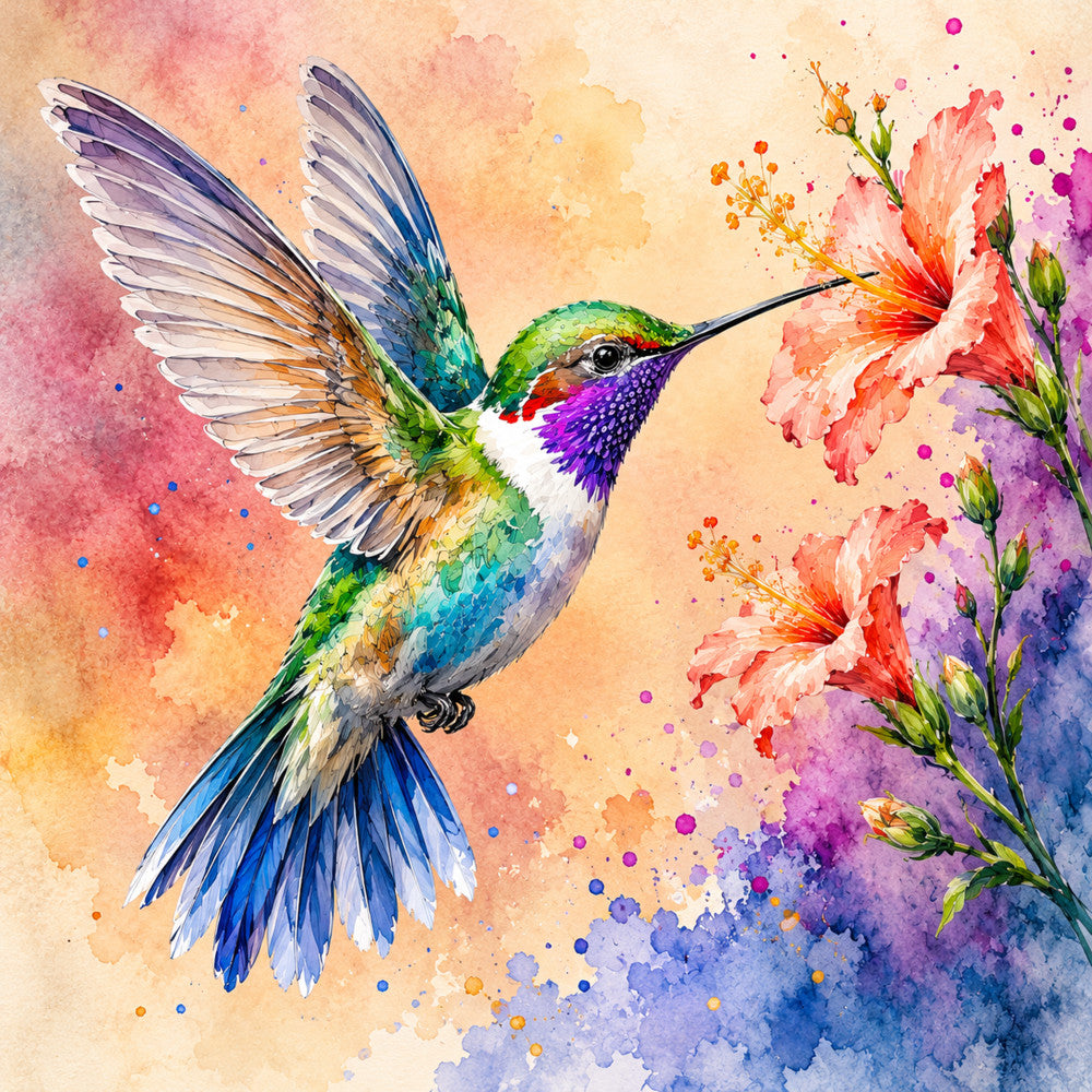 hummingbird, watercolor, floral, nature, bird, spring, summer, whimsical, botanical, colorful, vibrant, abstract, artistic, modern, elegant, purple throat, green plumage, coral pink, magenta, blue, yellow, orange, carnation flowers, delicate, contemporary, animal lover, garden themed, artistic painting style, splatter effect, bohemian