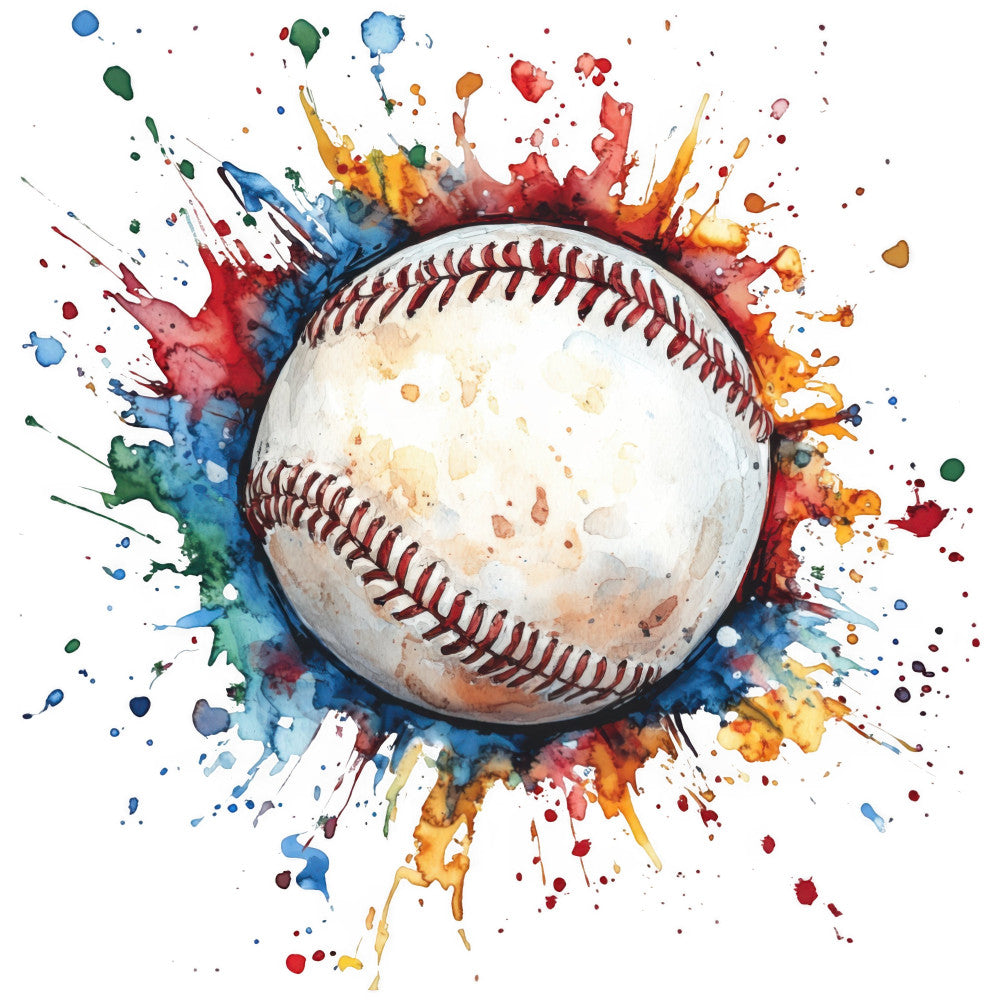 baseball, sports, watercolor, abstract, splatter, paint splash, red, blue, yellow, orange, green, cream white, modern, artistic, dynamic, energetic, colorful, stitching, athletic, recreation, hobby, whimsical, contemporary, home decor, wall art, vibrant, ink wash, impressionistic