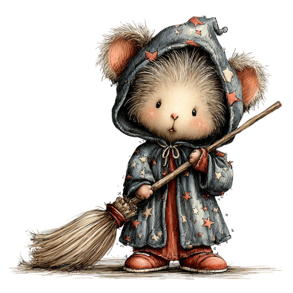 cute animal, woodland creature, hedgehog, whimsical, charming, stars, celestial, navy blue, rust orange, cream, gray, folk art, vintage, country, rustic, fairy tale, storybook, children's, baby, nursery, autumn, fall, magical, cozy, enchanted, witch, broom, starry night, sleeping cap, illustration style