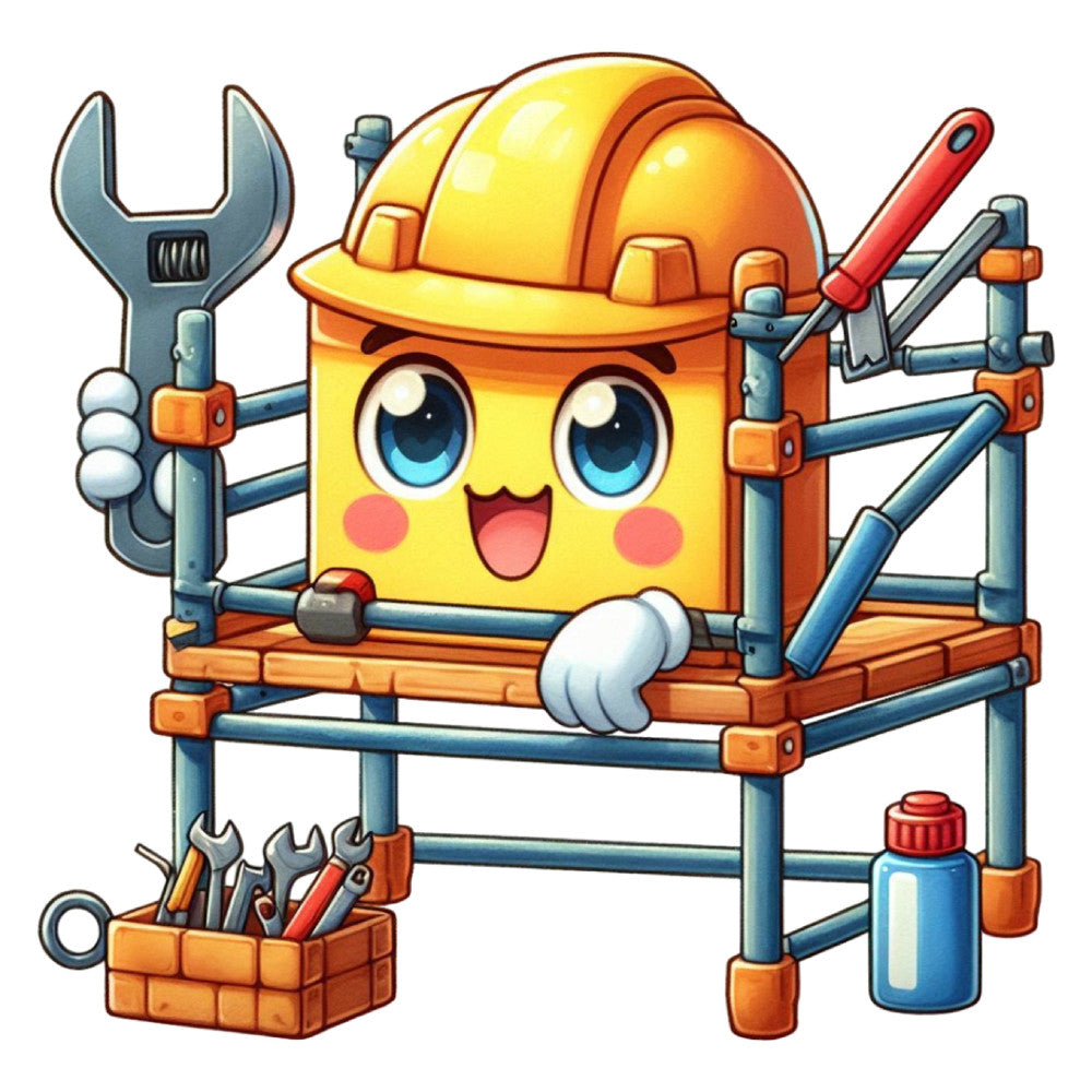bright yellow, orange, construction theme, cute character, anthropomorphic, hard hat, tools, wrench, hammer, screwdriver, toolbox, whimsical, playful, children's, kids, cheerful, blue eyes, happy expression, building, worker, tradesman, industrial, skilled trades, cartoon style, novelty, educational, boy's fabric, primary colors, metal gray, white gloves