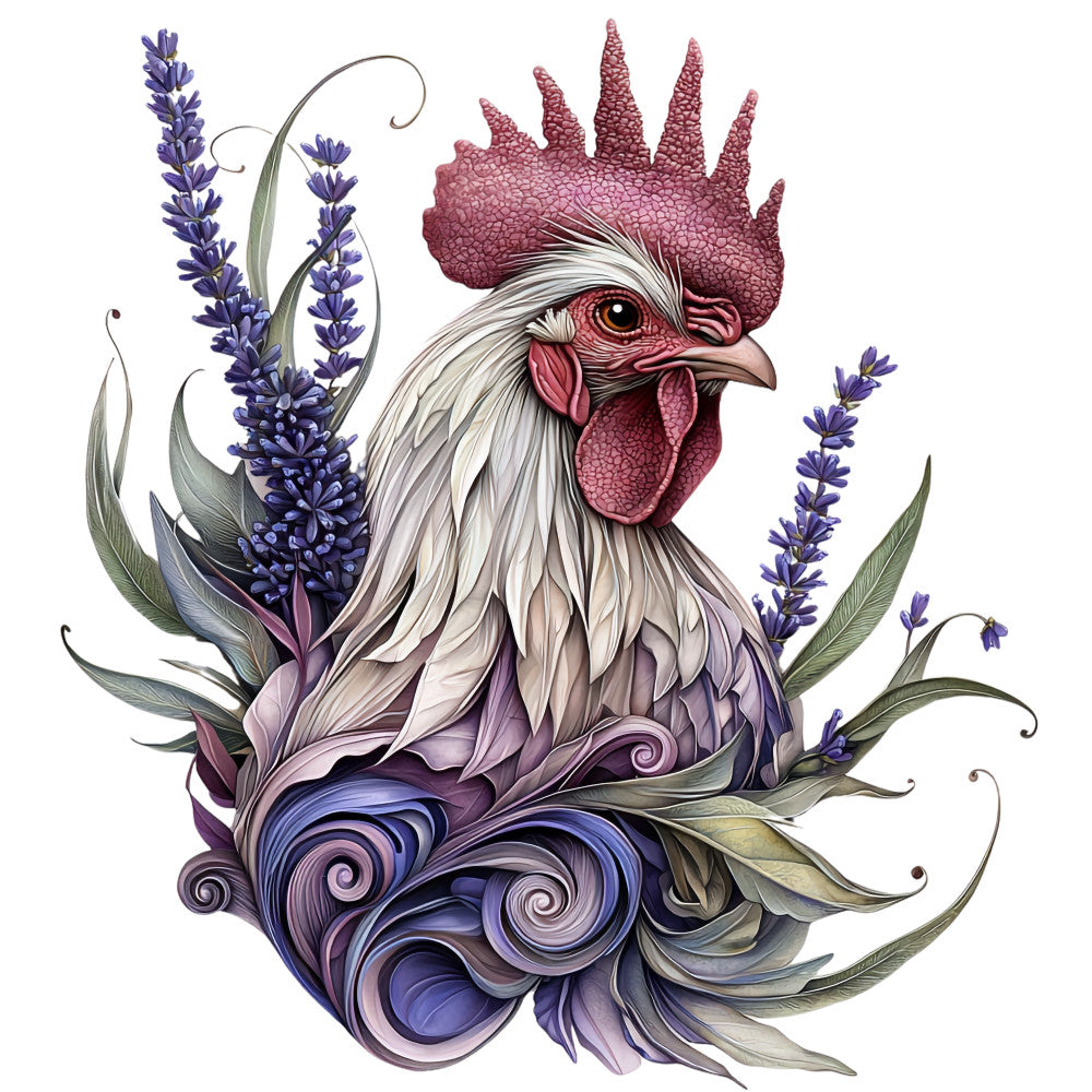rooster, floral, lavender, purple flowers, red comb, white feathers, botanical, ornate swirls, decorative flourishes, fabric panel, quilting cotton, farmhouse style, country theme, detailed illustration, artistic design, nature motif, poultry art, cottage core, rustic charm, whimsical scrollwork