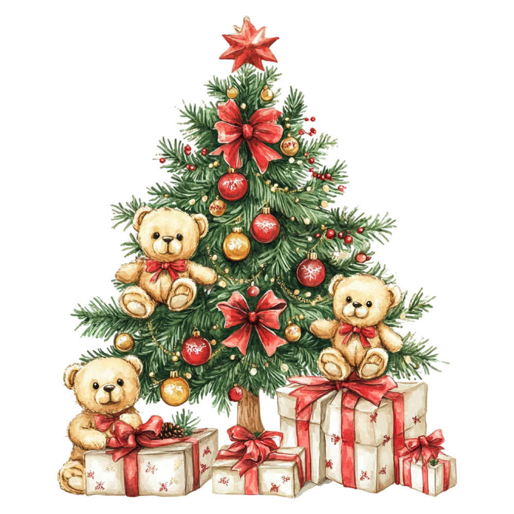 christmas tree, teddy bears, red ornaments, gold ornaments, red bows, ribbons, evergreen branches, pine needles, red star, presents, gift boxes, holiday, festive, whimsical, cute, children's, baby, cream colored bears, red ribbon bows, traditional christmas, vintage style, nostalgic, warm tones, forest green, cream, red, gold, seasonal decor, christmas gifts