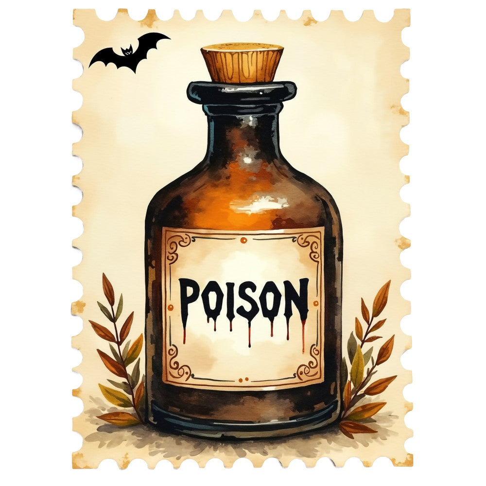 Halloween Postage Stamps Fabric Panel 6 featuring vintage poison bottle with cork stopper and flying bat design in autumn tones.