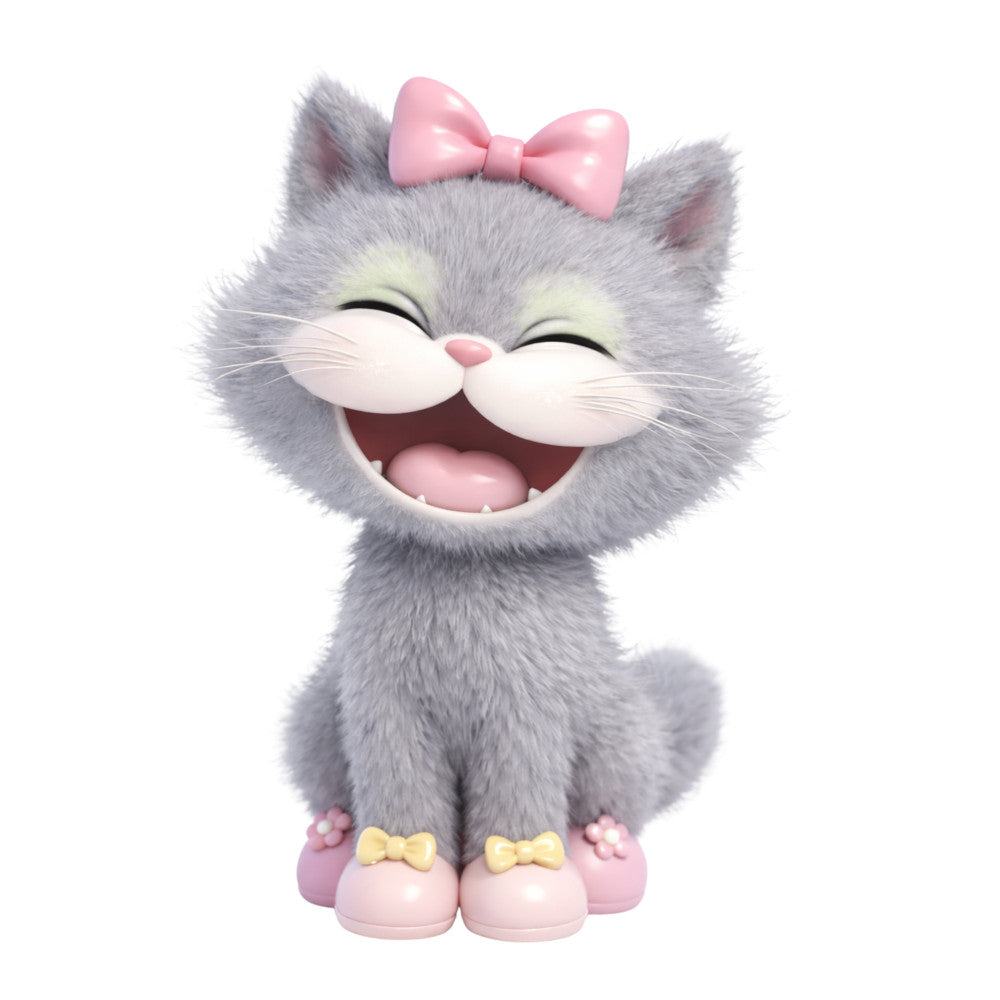 gray cat, pink bow, cute animals, whimsical, soft gray, pale pink, children's, baby, playful, feminine, cheerful, happy expression, kitten, smiling cat, pastel colors, light gray, blush pink, cream accents, kawaii style, nursery, girl's theme, sweet, adorable, decorative panel, appliqué style, character print, soft colors, innocent, joyful