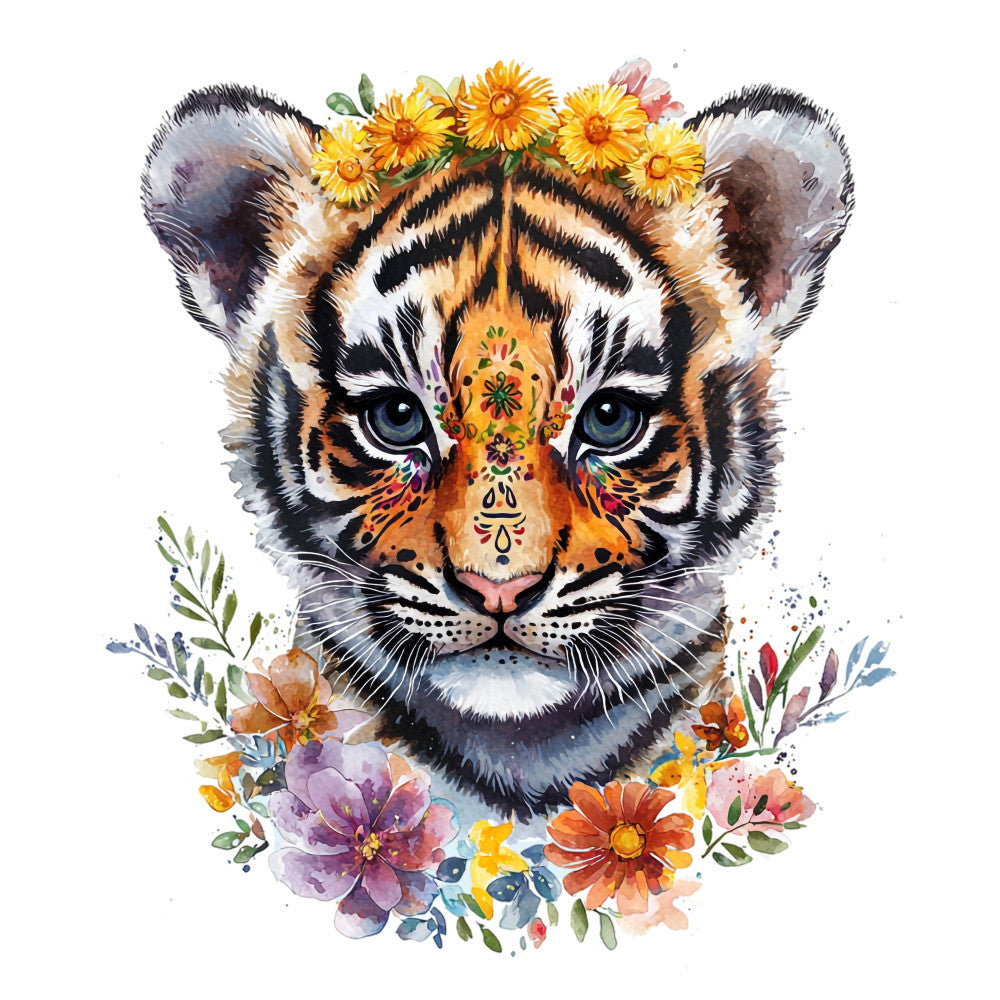 tiger, animal, flowers, floral, sunflowers, daisies, bohemian, whimsical, ornamental, mandala, face paint, decorative, gold orange, cream white, black stripes, purple pink, nature, wildlife, boho, artistic, watercolor, spiritual, celestial, wall art, home decor, baby nursery, decorative panel, vibrant, colorful, festive