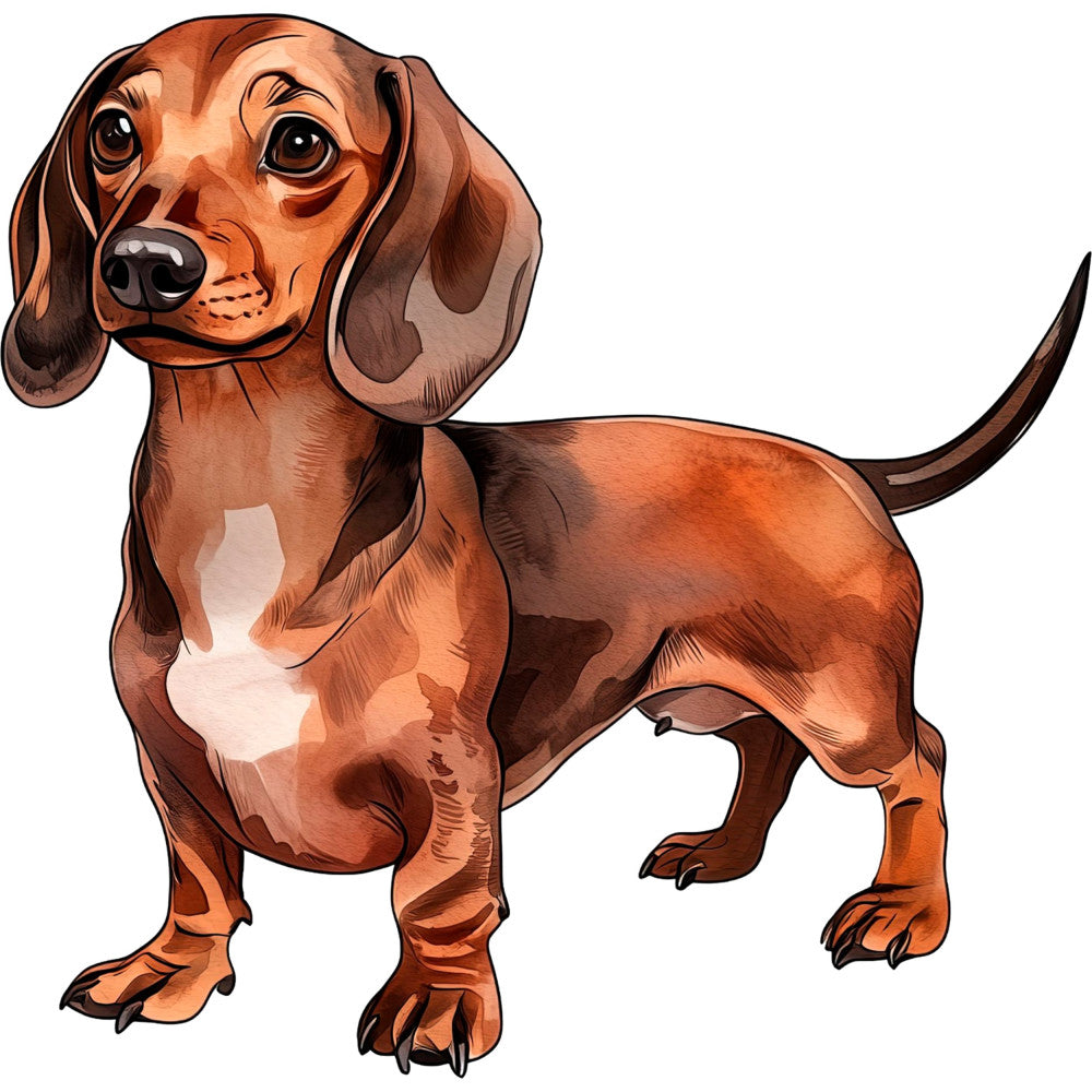 dachshund, brown, tan, rust, reddish-brown, cream, white, dog, animal, pet, cute, whimsical, playful, children, kids, puppy, illustration, cartoon, fun, novelty, dog lover, wiener dog, long-bodied dog, friendly, cheerful, family-friendly, nursery, baby