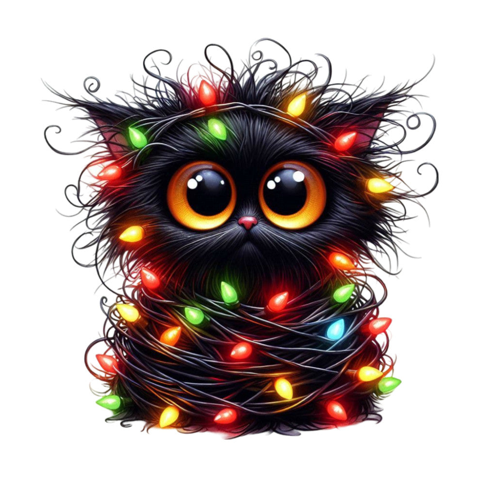 black cat, glowing eyes, golden yellow eyes, christmas lights, holiday festive, red lights, green lights, orange lights, blue lights, whimsical, cute animal, fluffy fur, dark colors, black and red, winter holiday, christmas decoration, festive themed, magical, enchanted, playful, charming, ornamental lights, string lights, seasonal, christmas fabric, novelty print, character design, dark whimsical, illuminated, glowing