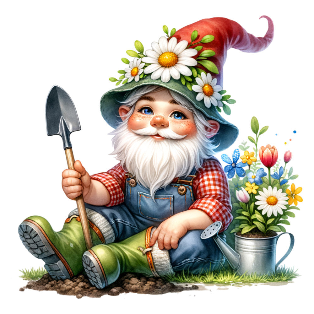garden gnome, spring flowers, daisies, white beard, pointed hat, red hat, blue overalls, checkered shirt, gardening tools, shovel, watering can, green boots, floral decorations, whimsical character, bright colors, yellow centers, fabric panel, quilting cotton, cheerful gnome, gardening theme, spring blooms