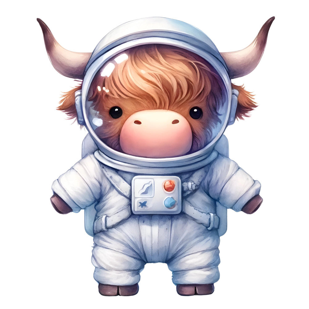 astronaut cow, cute animals, space theme, whimsical, adorable, brown and white, light blue, cream, pastel colors, cow character, cosmic, space exploration, children's fabric, baby quilt, nursery, playful, illustrated animals, cartoon style, animal motif, celestial theme, space suit, helmet, kid-friendly, gender-neutral, novelty print, space adventure, friendly character, soft colors, charming