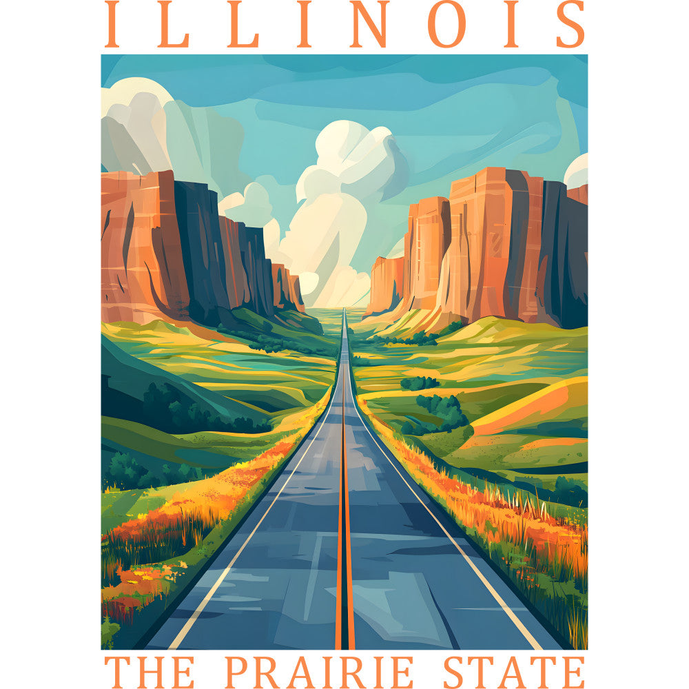 illinois, prairie state, road trip, highway, rolling hills, red rock formations, turquoise sky, orange cliffs, green fields, yellow grass, fabric panel, quilting cotton, landscape scene, americana, travel poster, vintage style, scenic route, midwestern, geological formations, pastoral countryside