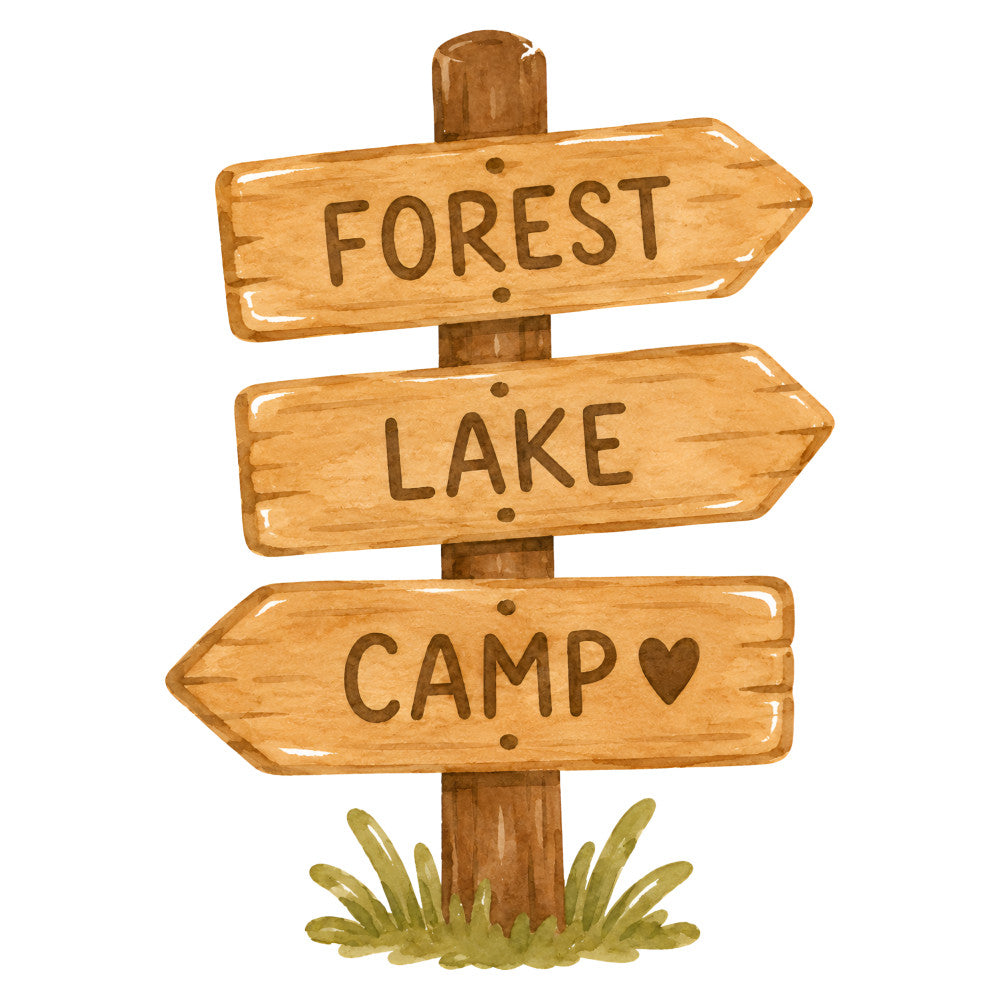 woodland, camping, nature, rustic, outdoor, signpost, directional sign, forest, lake, camp, heart, wood grain, tan, brown, cream, honey, natural, vintage, farmhouse, lodge, cabin, adventure, summer, hiking, country, whimsical, charming, scenic, recreational, travel