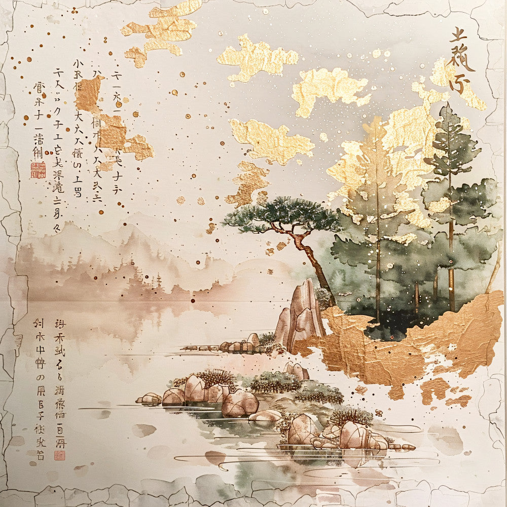 beige, tan, brown, sage green, golden yellow, watercolor style, asian landscape, pine trees, rocky shoreline, mountains, calligraphy text, rice paper texture, fabric panel, quilting cotton, serene scene, nature motif, oriental art, muted tones, peaceful setting, scattered rocks