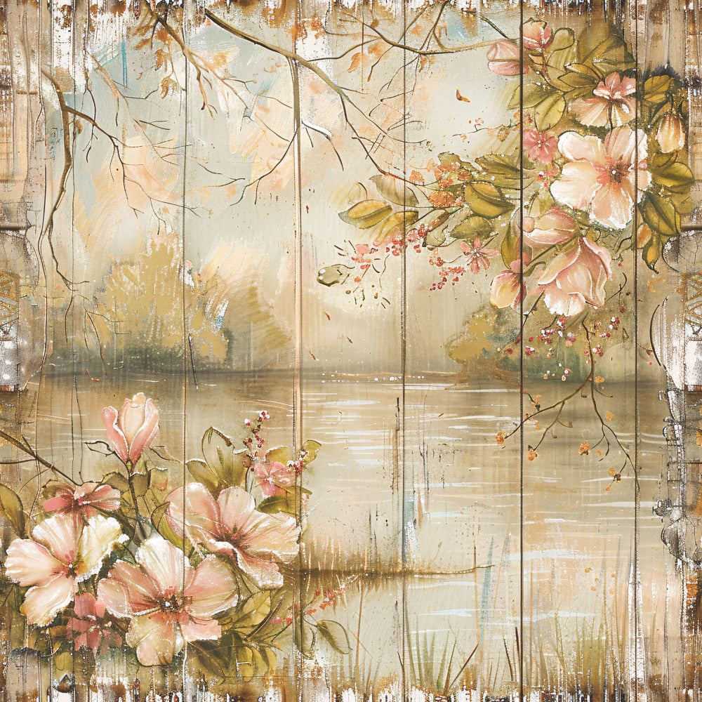 Lake on Rustic Wood Fabric Panel 18