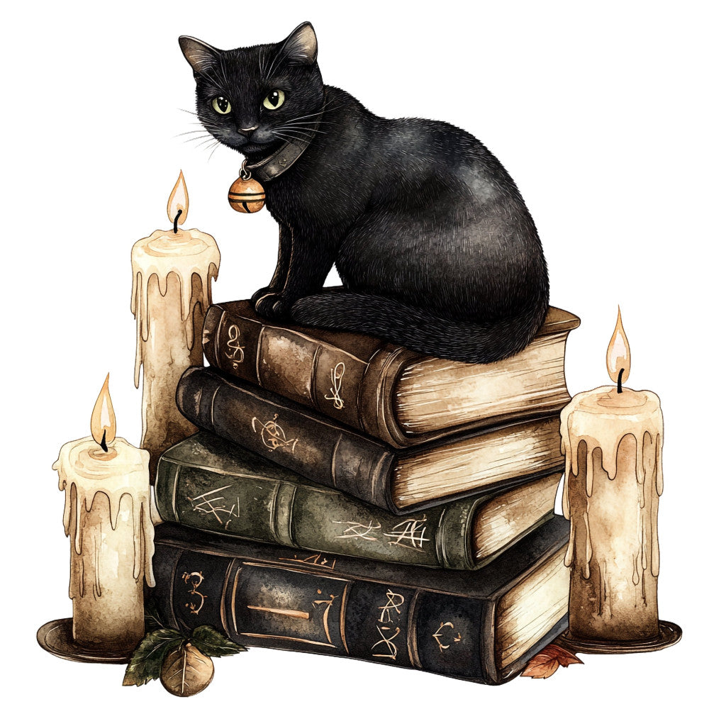 black cat, cream, brown, gold, autumn, vintage books, literary, witchy, mystical, gothic, candles, bell collar, magical, dark academia, occult, spellbook, moody, elegant, whimsical, halloween, fall, book lover, witch aesthetic, celestial symbols, antique, rustic, cozy, mysterious, enchanted, dark romantic