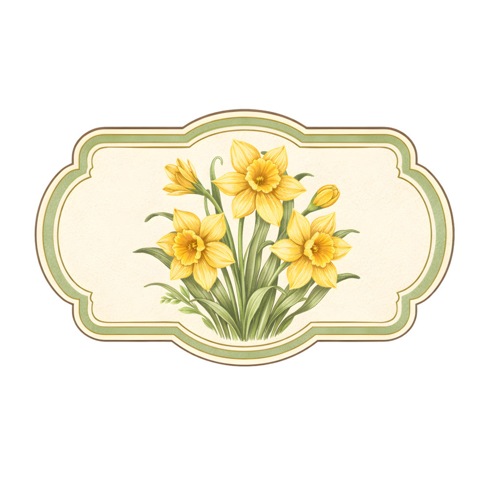 yellow daffodils, spring flowers, cream background, sage green border, daffodil botanical, nature-inspired, floral design, vintage botanical, traditional floral, elegant style, spring season, garden flowers, botanical illustration, pale yellow, soft green, nature theme, timeless design, classic floral, decorative panel, cottage garden, farmhouse style, spring botanical, flower motif, hand-painted style, seasonal design, wall hanging, nature lovers, garden theme