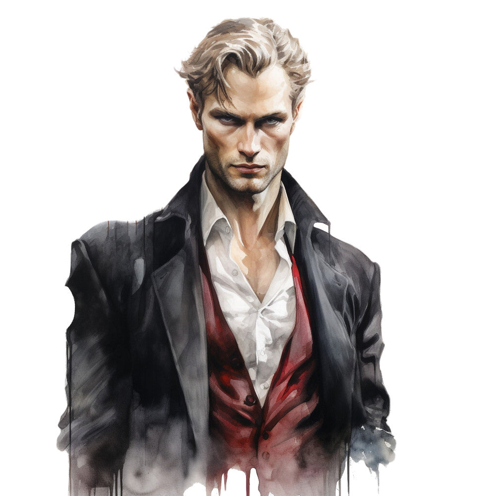 portrait, man, male figure, dramatic, elegant, sophisticated, dark suit, black jacket, white shirt, burgundy red, wine red, cream, charcoal gray, moody, gothic, romantic, vintage, classic, formal wear, gentleman, fashion illustration, watercolor style, artistic, character design, literary, mysterious, dapper, tailored clothing