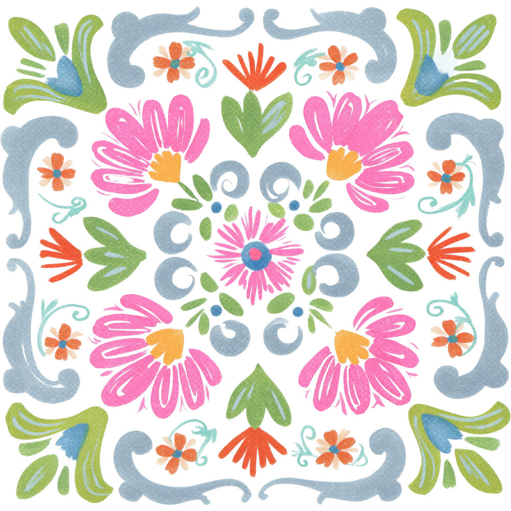 floral, flowers, pink flowers, bright colors, magenta, hot pink, coral orange, sage green, dusty blue, blue-gray, botanical, nature, symmetrical, folk art, traditional, whimsical, decorative, daisies, scrolls, ornamental, spring, summer, cheerful, vibrant, garden, vintage style, bohemian, wall hanging, home decor