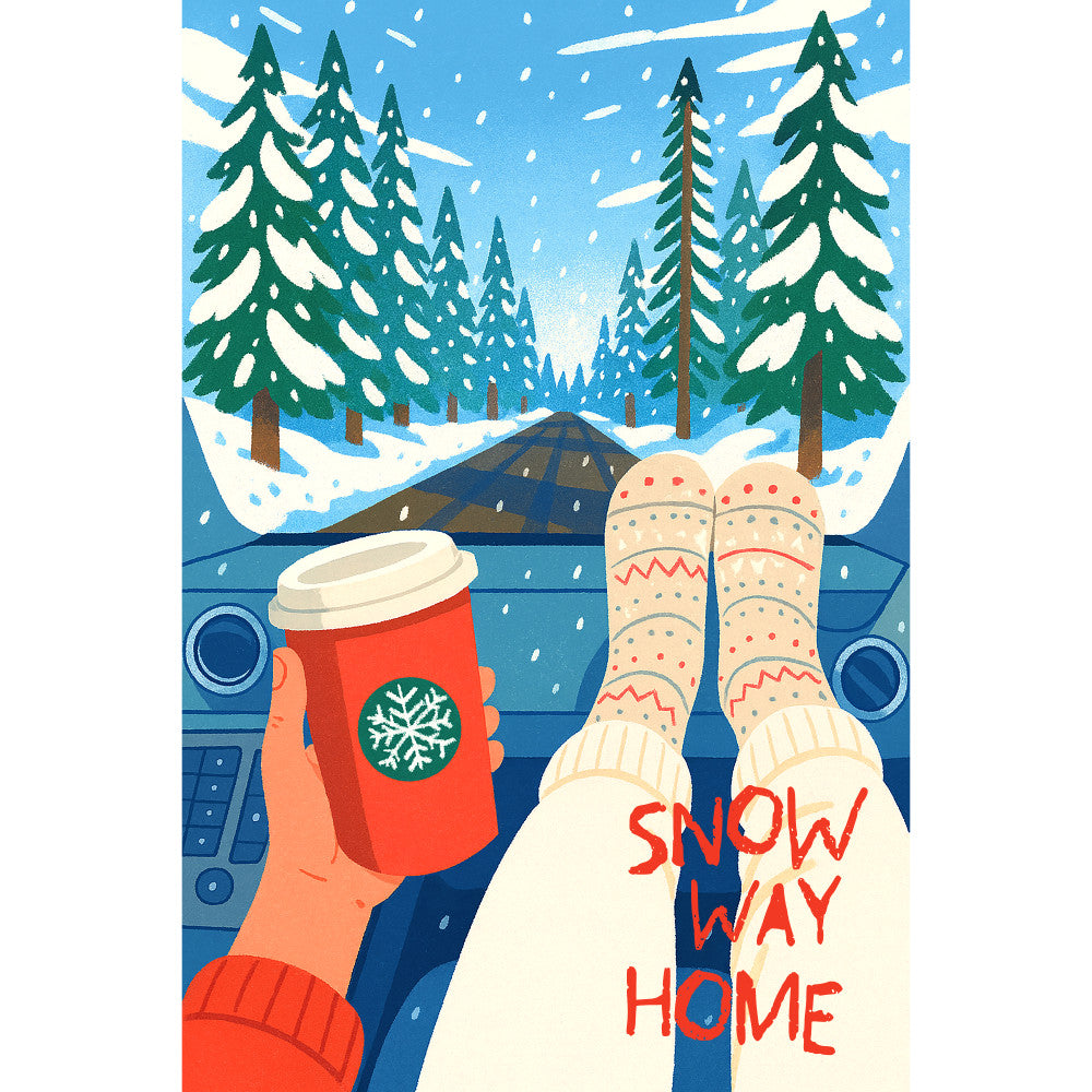 christmas fabric panel, winter scene, snow falling, evergreen trees, pine trees, cozy socks, hot cocoa mug, red coffee cup, snowflake design, blue sky, white snow, forest landscape, warm beverage, holiday themed, quilting panel, cotton fabric, festive colors, winter comfort, seasonal design, snowy wilderness