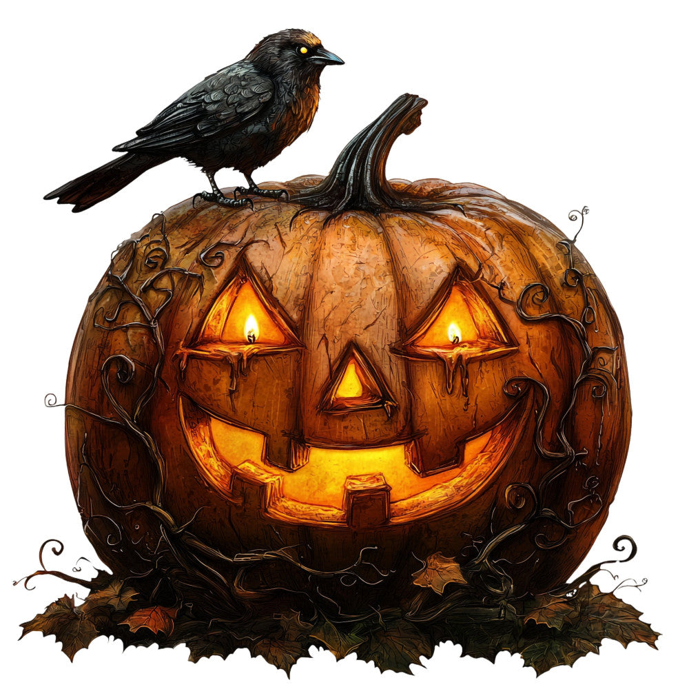 halloween pumpkin, jack-o-lantern, black crow, raven, autumn, fall, orange, golden yellow, deep brown, burnt orange, holiday, spooky, haunted, gothic, whimsical, festive, seasonal, lit pumpkin, glowing eyes, decorative panel, wall hanging, home decor, nature, birds, harvest theme, traditional halloween, rustic, dark academia, october