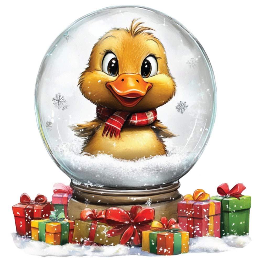 yellow duck, orange beak, snow globe, red scarf, christmas gifts, winter scene, snowflakes, fabric panel, quilting cotton, whimsical illustration, holiday theme, cartoon style, glass sphere, wrapped presents, golden yellow, bright orange, festive colors, cute animal, children's fabric, seasonal panel