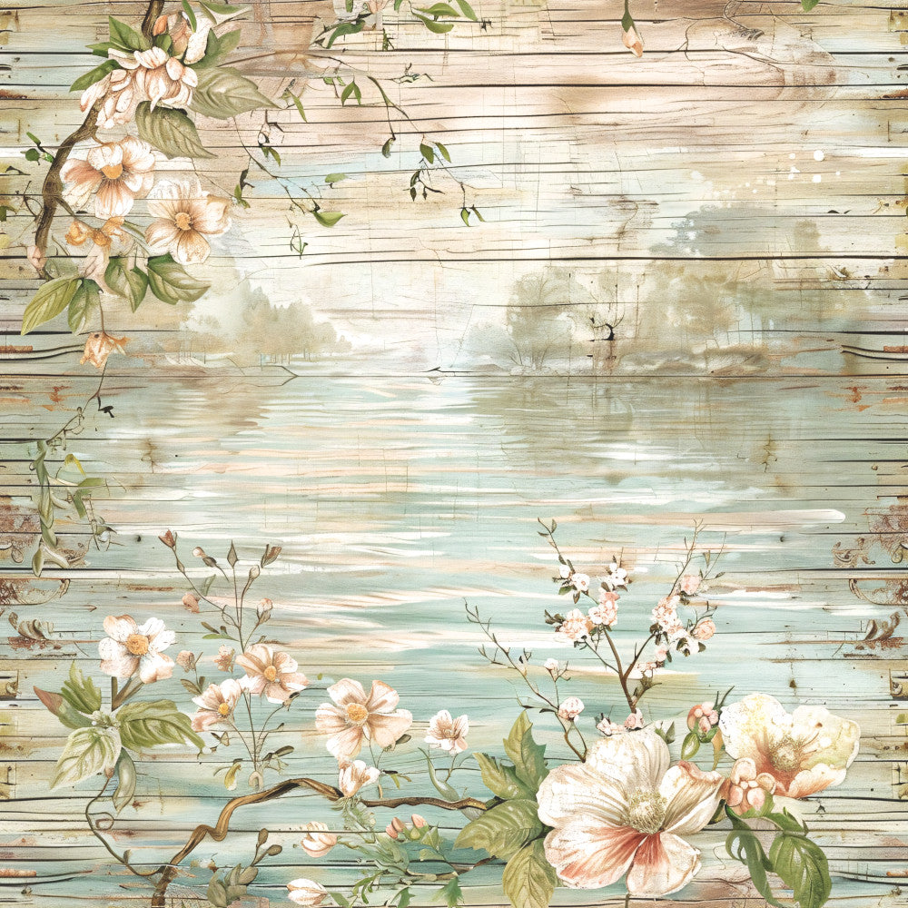 Lake on Rustic Wood Fabric Panel 17