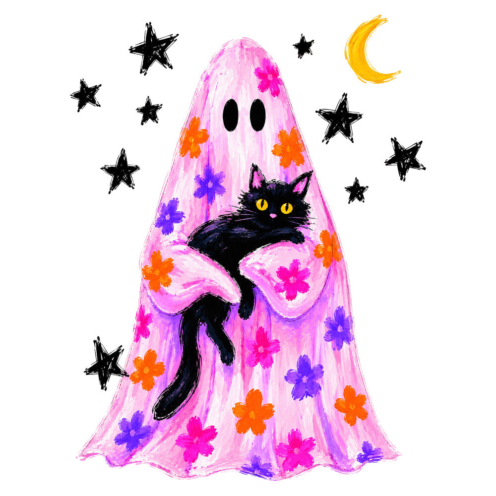 hot pink, magenta, purple, orange, black, yellow, gold, bright pink, vibrant, floral, flowers, ghost, halloween, celestial, stars, moon, whimsical, playful, cute, black cat, cat, animals, spooky, festive, night sky, colorful, modern, fun, children's, kid-friendly