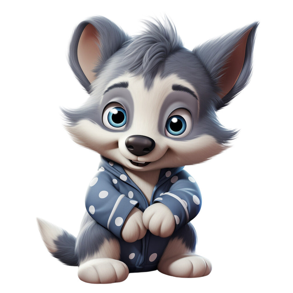 gray wolf, blue eyes, polka dot pajamas, cute cartoon, anthropomorphic animal, fabric panel, quilting cotton, children's design, sleepwear theme, gray fur, white markings, pointed ears, sitting pose, kawaii style, nursery fabric, craft panel, sewing project, playful expression, baby wolf, pajama party