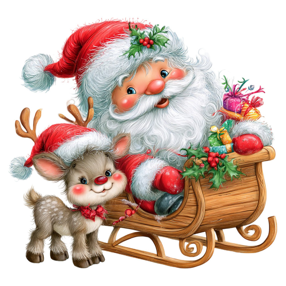 santa, reindeer, christmas, holiday, red, white, cream, forest green, gold, rustic, whimsical, vintage, festive, jolly, children's, animals, sleigh, gifts, holly berries, traditional, nostalgic, winter, seasonal, decorative panel, christmas characters, retro, charming, cute, fabric panel