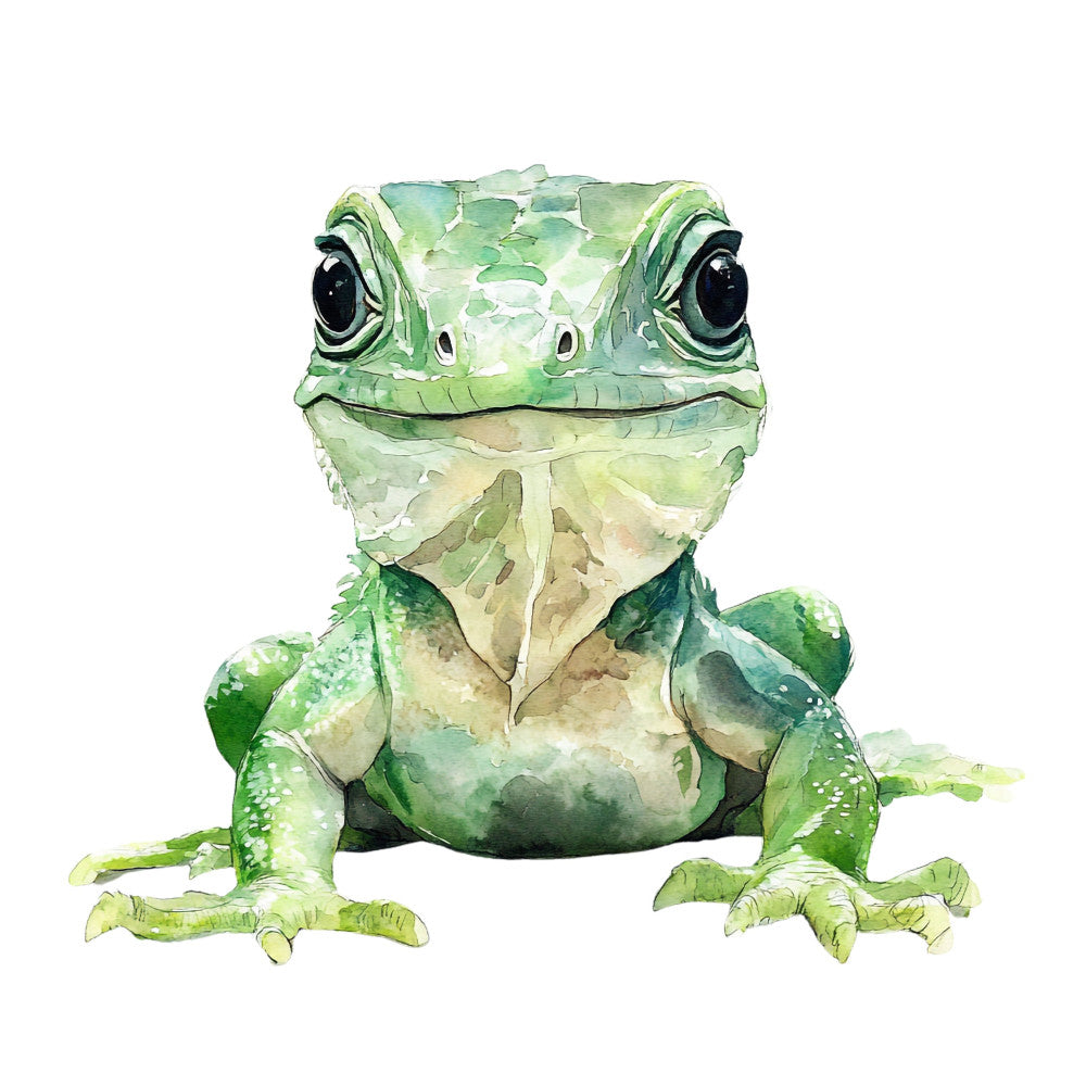 sage green, lime green, pale yellow, cream, watercolor, reptile, iguana, lizard, nature, whimsical, playful, cute, animal portrait, children's, kids, spring, summer, illustration, hand-painted, botanical, green and cream, soft colors, friendly, charming, quirky, unique design, nature lover, wildlife, detailed eyes, expressive