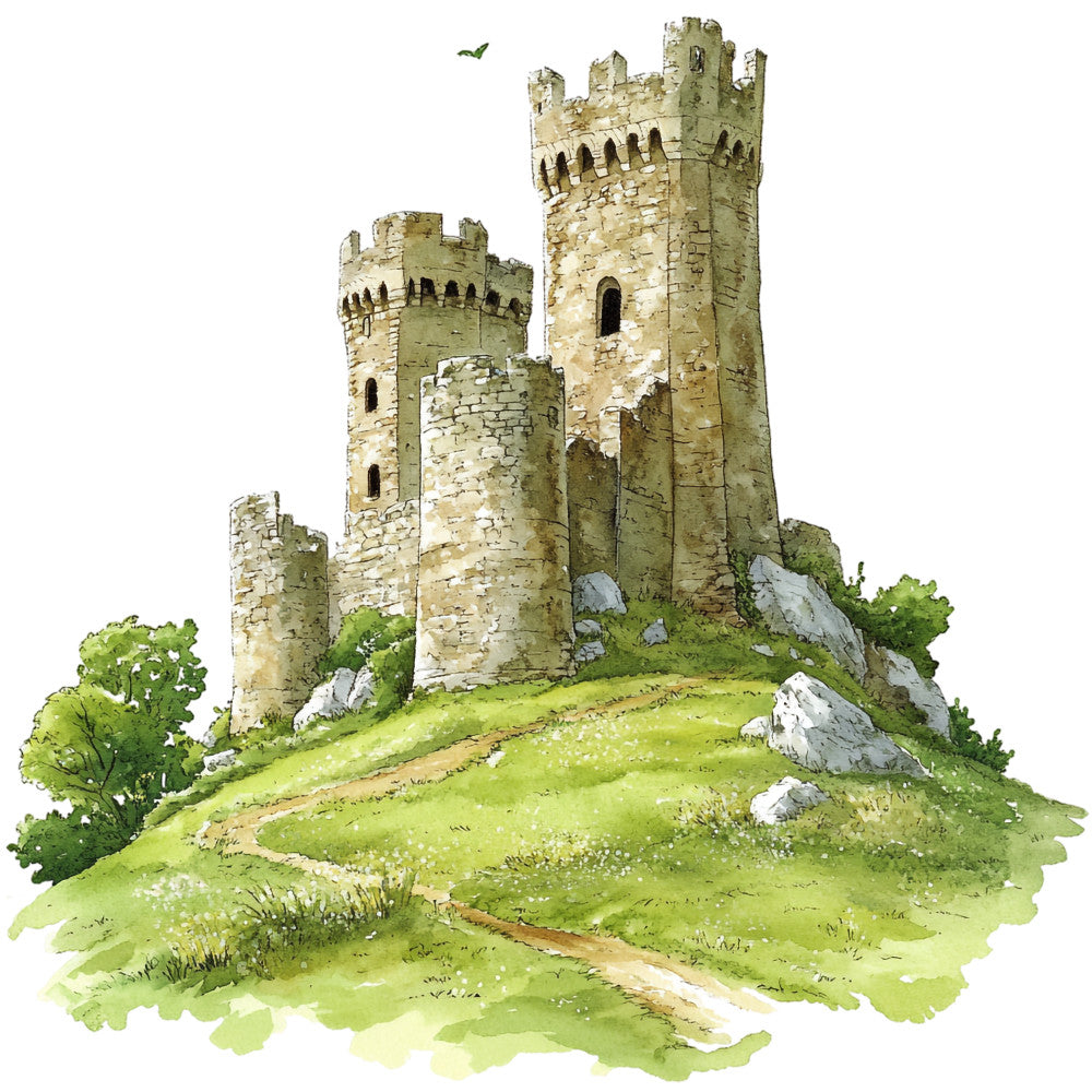 medieval castle, watercolor illustration, stone towers, green hills, countryside landscape, sage green, cream beige, moss green, fabric panel, quilting cotton, pastoral scene, rolling meadows, ancient fortress, weathered stone, grassy knoll, nature path, serene countryside, soft watercolors, medieval architecture, peaceful setting