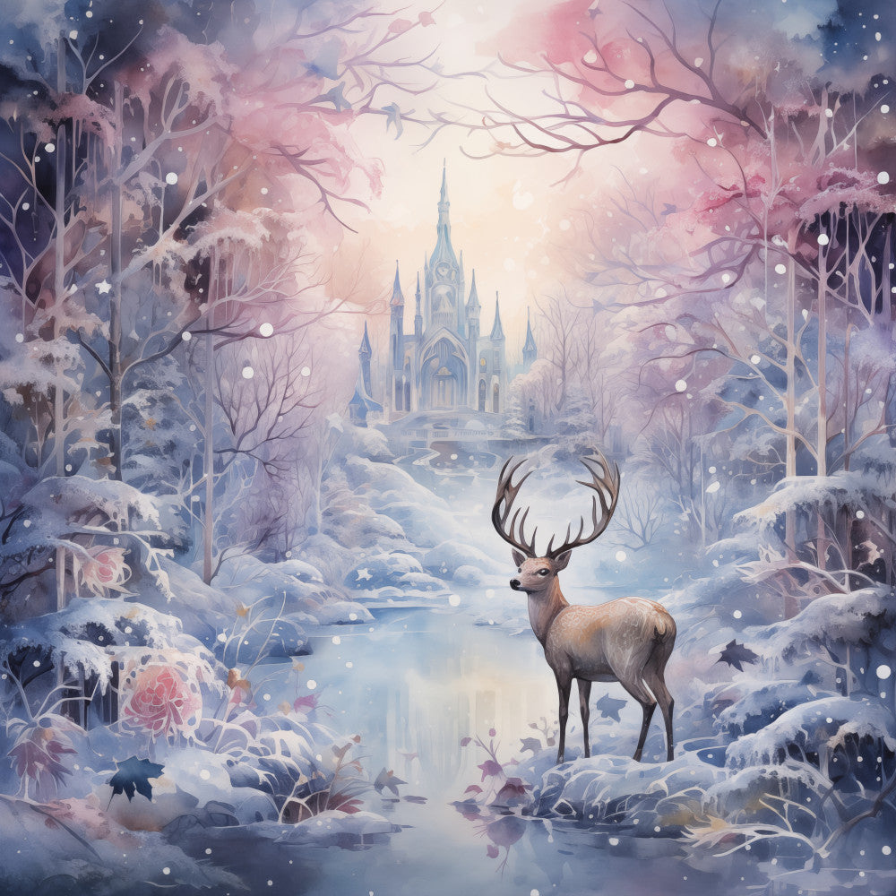 winter scene, snowy landscape, castle, deer, stag, enchanted forest, frozen garden, fairy tale, magical, pastel colors, soft pink, lavender, light blue, icy blue, cream, white, winter floral, roses, bare branches, frost, snowflakes, celestial, whimsical, fantasy, elegant, dreamy, holiday, christmas, nature, animals