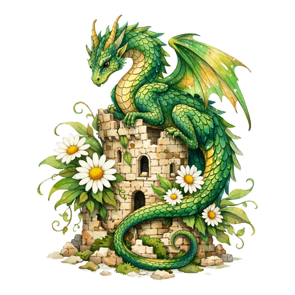 dragon, green, yellow, gold, cream, white, castle, tower, nature, fantasy, magical, whimsical, medieval, fairy tale, daisies, flowers, floral, scales, wings, mystical, storybook, enchanted, rustic, cottage core, spring, summer, adventure, legend, mythical creatures