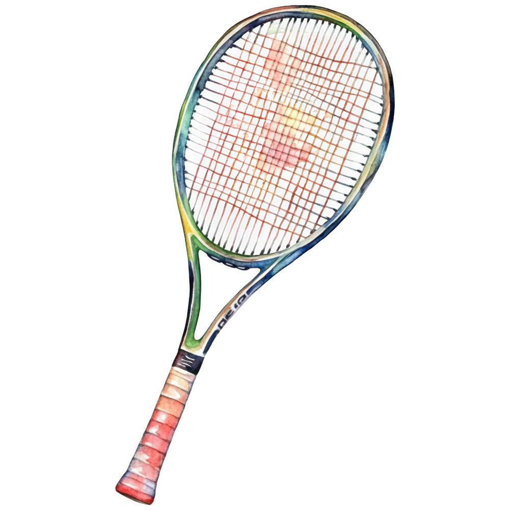tennis racket, sports, athletic wear, navy blue, forest green, coral pink, peach, yellow, gradient, colorful, modern, contemporary, realistic, illustration, sports equipment, recreational, active lifestyle, summer, spring, apparel fabric, performance wear, youth fashion, hobby themed, detailed print, multi-color, vibrant, casual style, leisure, game sport