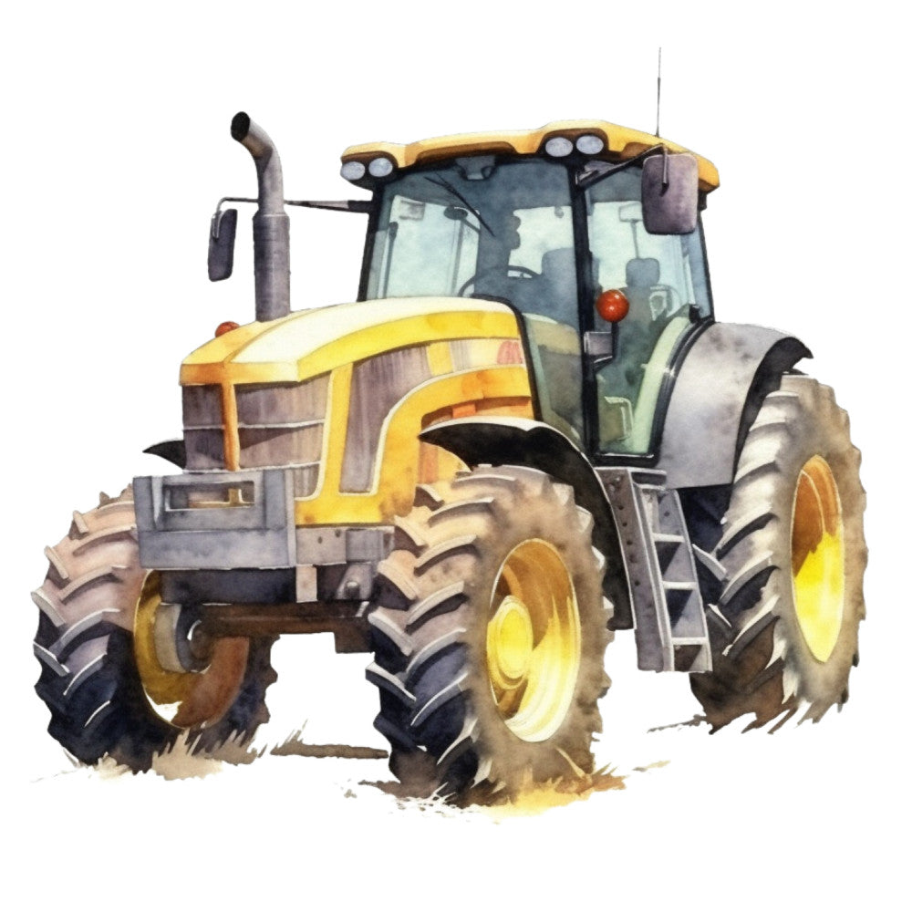 yellow tractor, watercolor style, farm equipment, agricultural theme, golden yellow, gray wheels, glass cab, exhaust pipe, large tires, machinery illustration, farming vehicle, rural scene, soft painting, vehicle art, fabric panel, quilting cotton, transportation theme, country lifestyle, painted illustration, soft brushstrokes