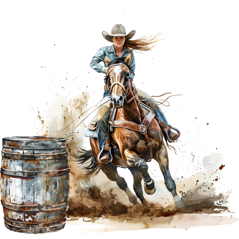 barrel racing, cowgirl, western, rodeo, horse, denim blue, tan, brown, rust, cream, watercolor, action, sports, adventure, rustic, vintage, equestrian, farm life, country, southwest, dynamic movement, splatter effect, detailed illustration, realistic, women in sports, athletic, dust clouds, ranch, traditional western wear, cowboy hat